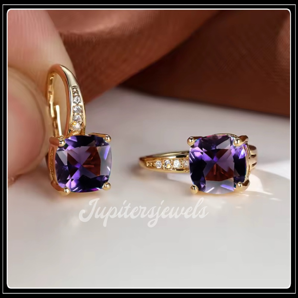 NEW 14K GOLD PURPLE AMETHYST SQUARE DROP EARRINGS - Picture 3 of 5